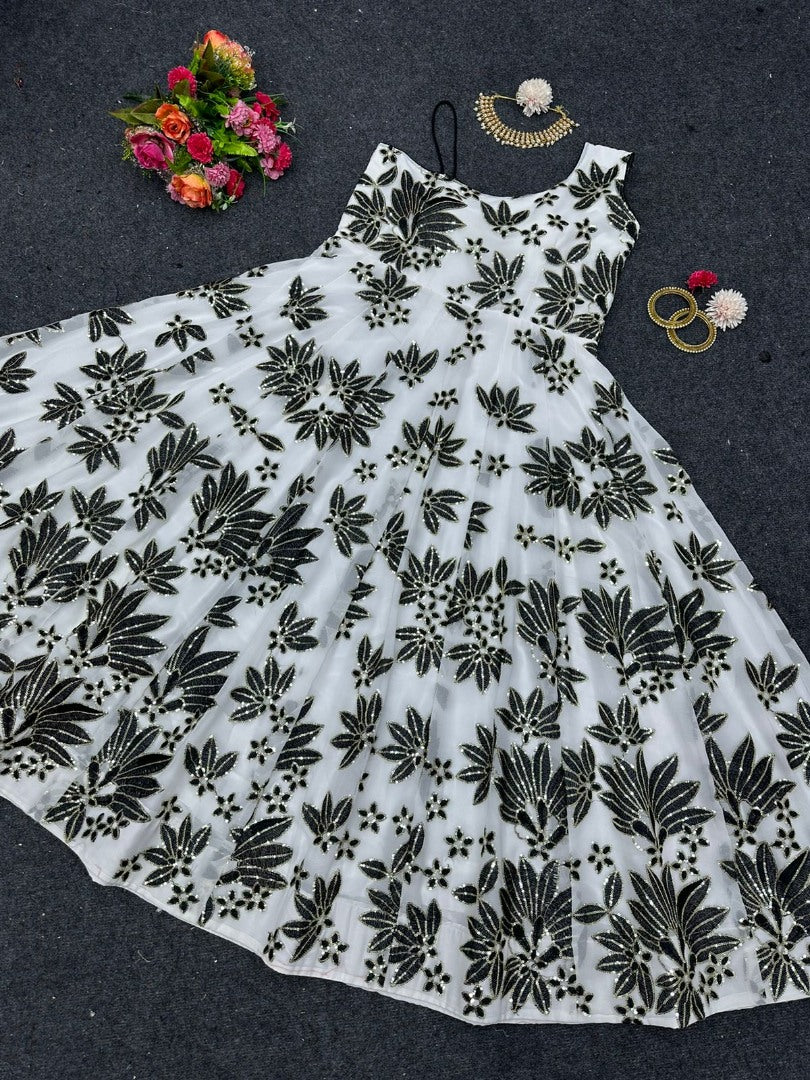 White georgette thread sequence work gown