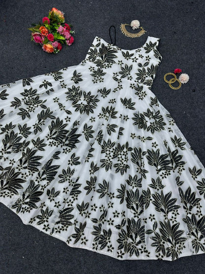 White georgette thread sequence work gown