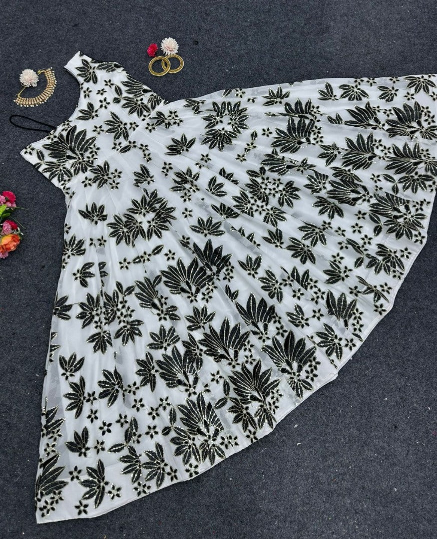 White georgette thread sequence work gown