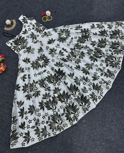 White georgette thread sequence work gown