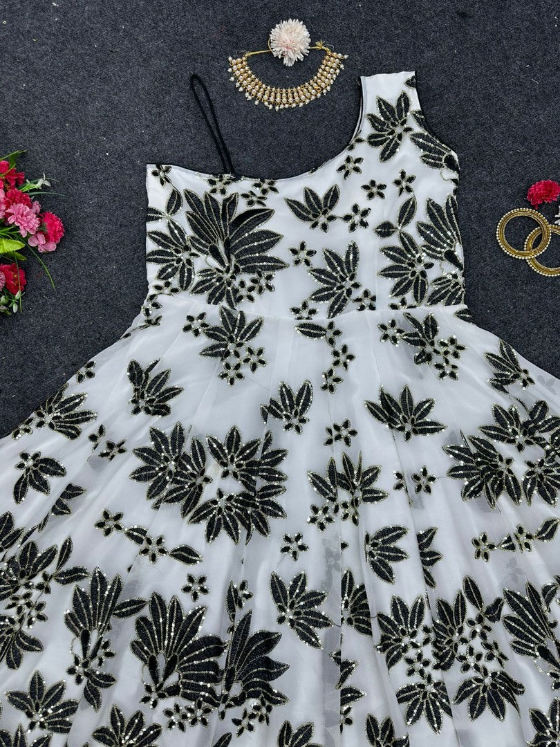 White georgette thread sequence work gown