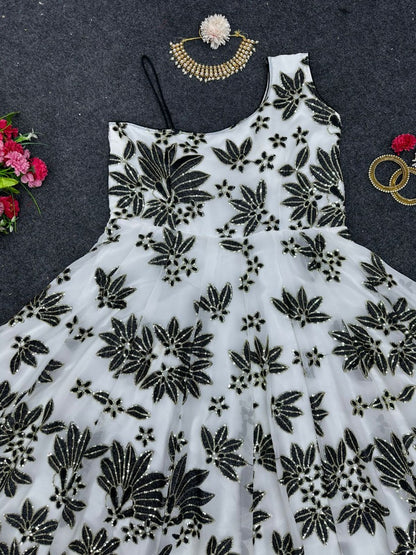 White georgette thread sequence work gown