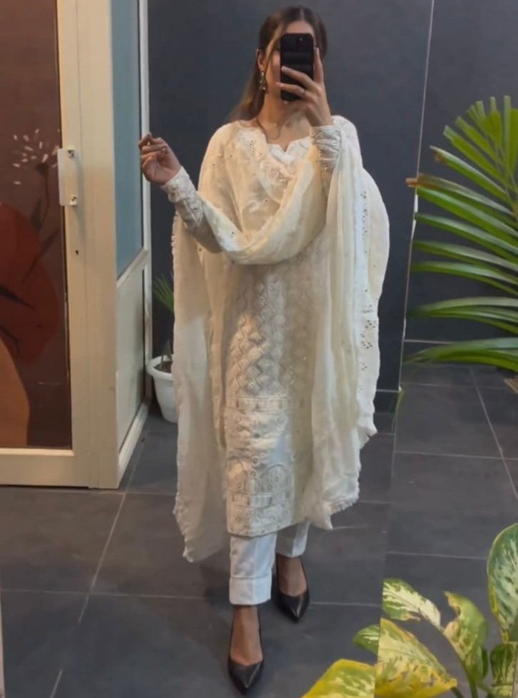 White georgette thread sequence work pant suit