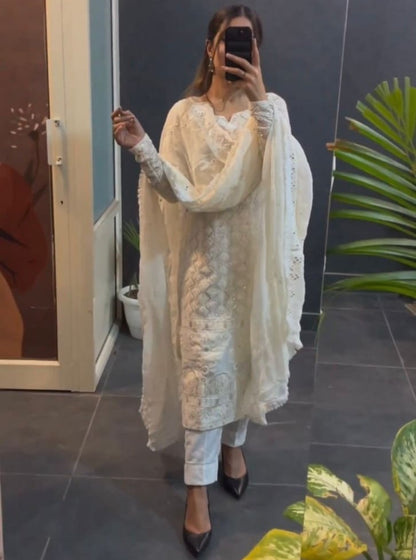 White georgette thread sequence work pant suit