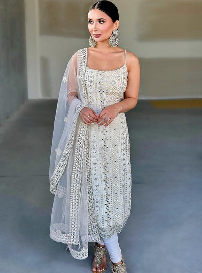 White georgette thread sequence work pant suit