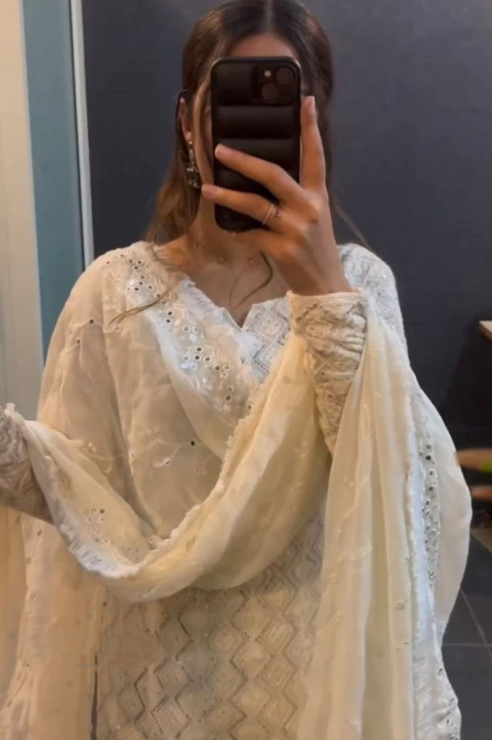 White georgette thread sequence work pant suit