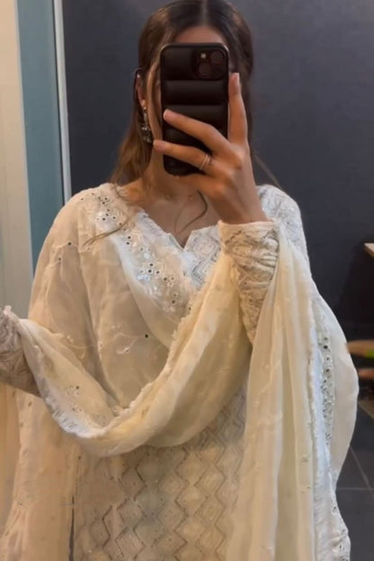 White georgette thread sequence work pant suit