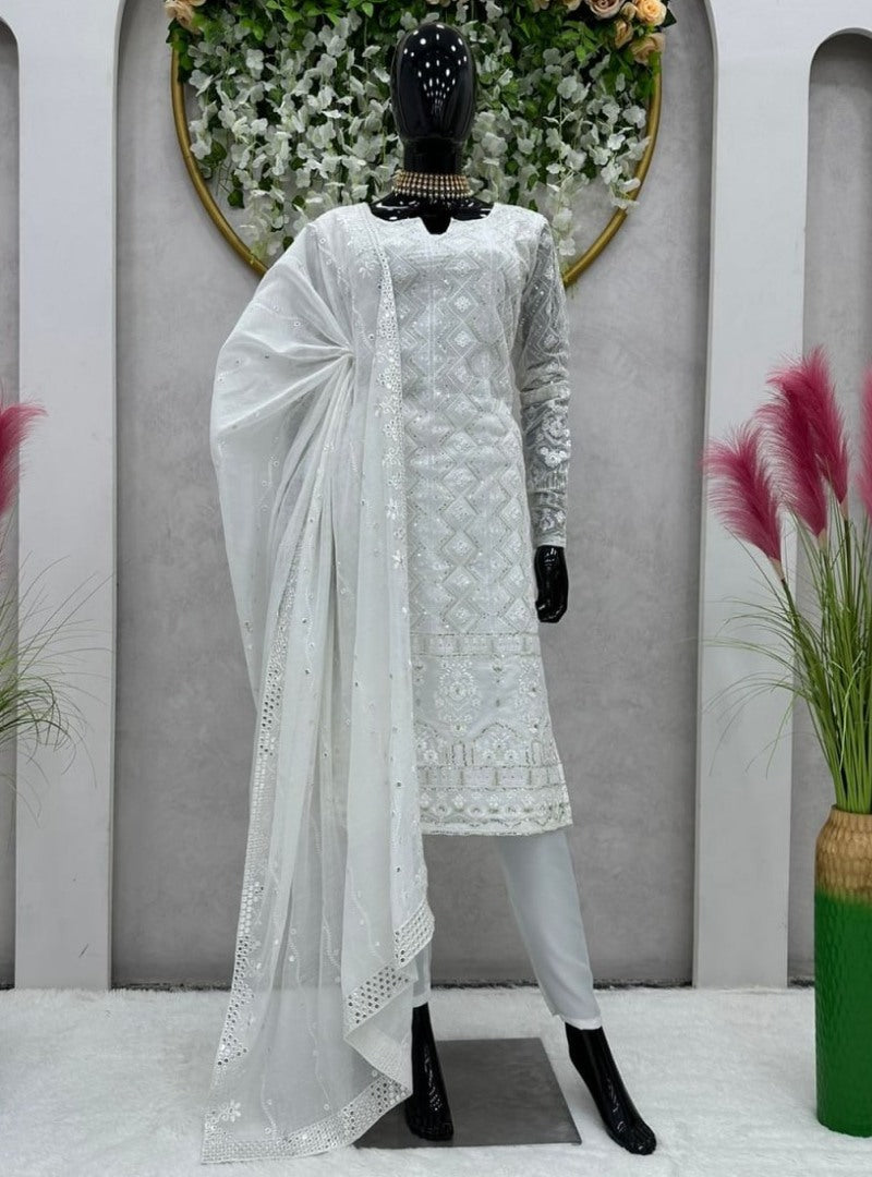 White georgette thread sequence work pant suit