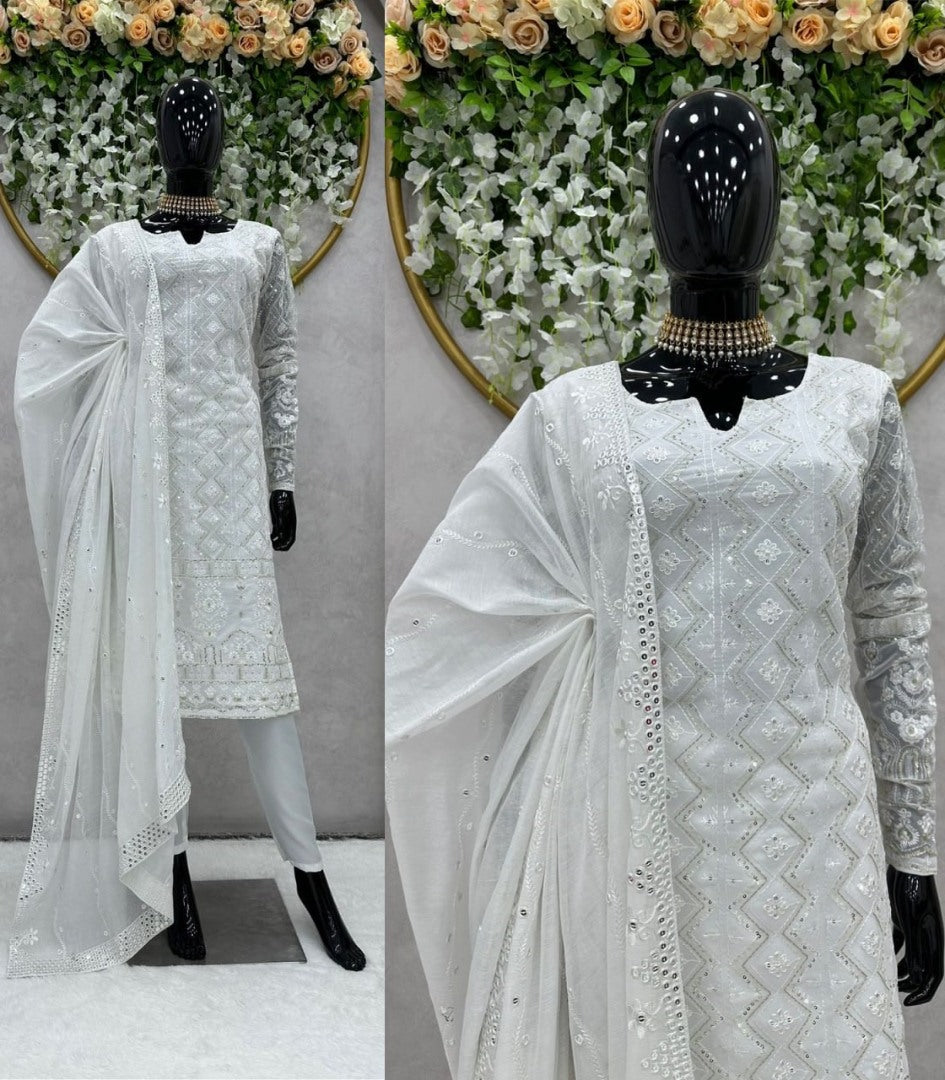 White georgette thread sequence work pant suit