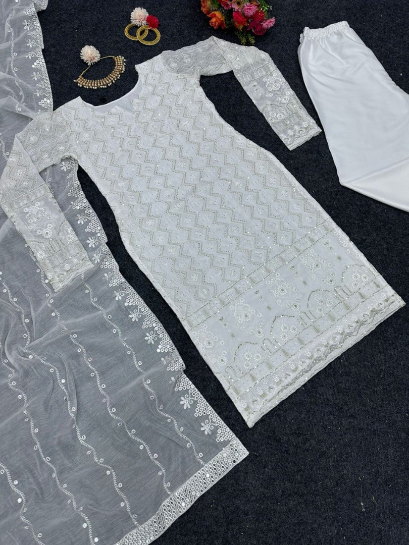 White georgette thread sequence work pant suit