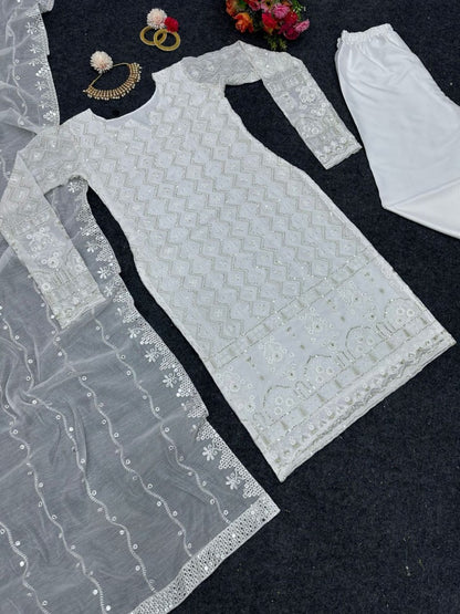 White georgette thread sequence work pant suit