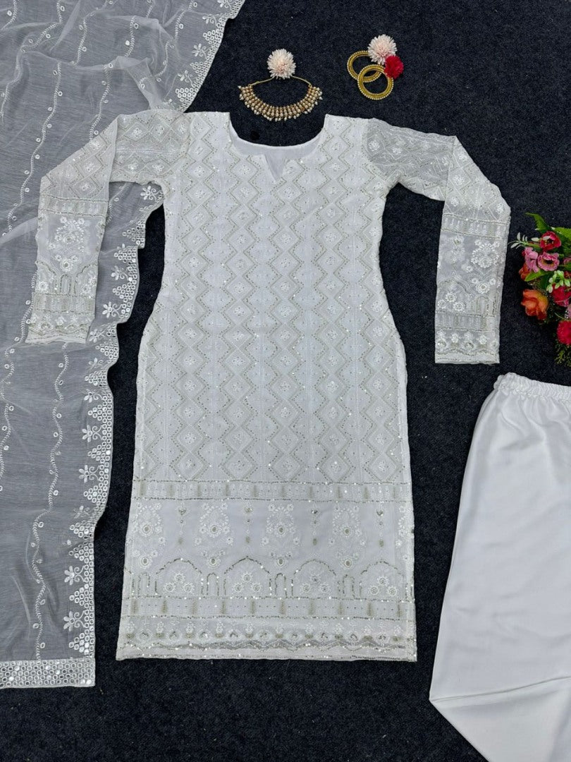 White georgette thread sequence work pant suit