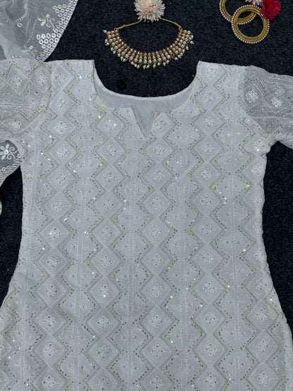 White georgette thread sequence work pant suit