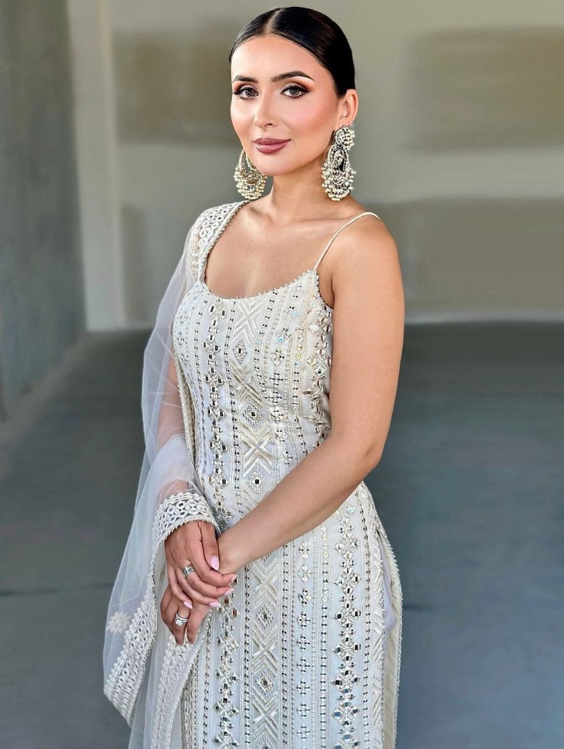 White georgette thread sequence work pant suit