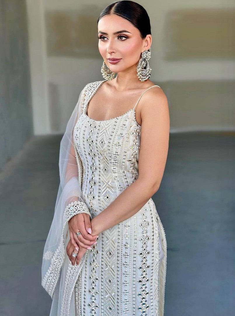 White georgette thread sequence work pant suit