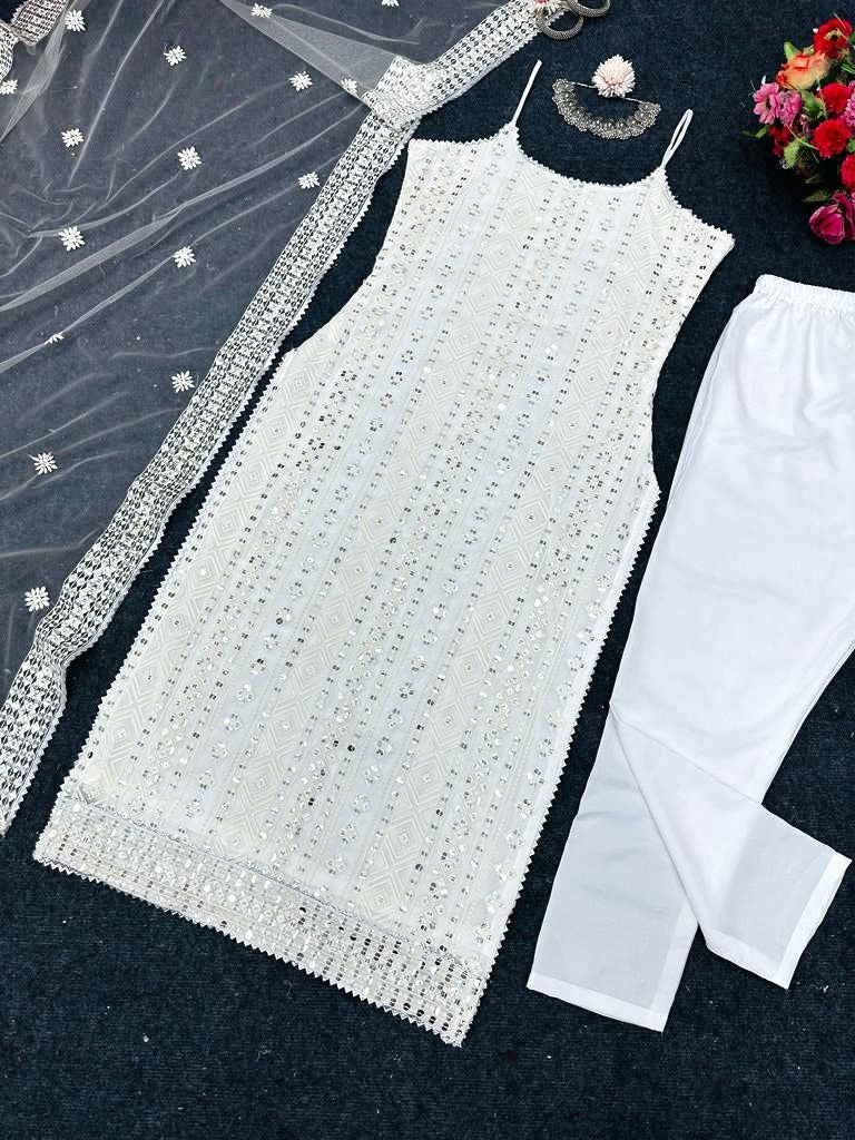 White georgette thread sequence work pant suit