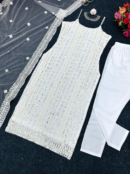 White georgette thread sequence work pant suit