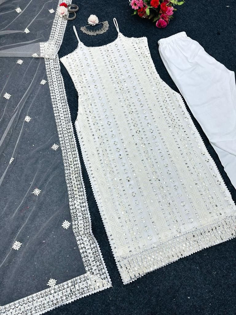 White georgette thread sequence work pant suit