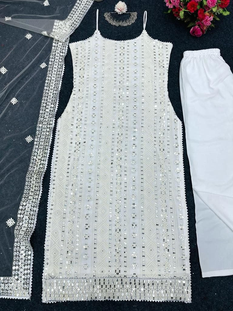 White georgette thread sequence work pant suit