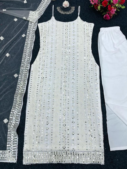 White georgette thread sequence work pant suit
