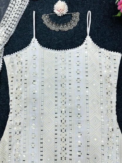 White georgette thread sequence work pant suit