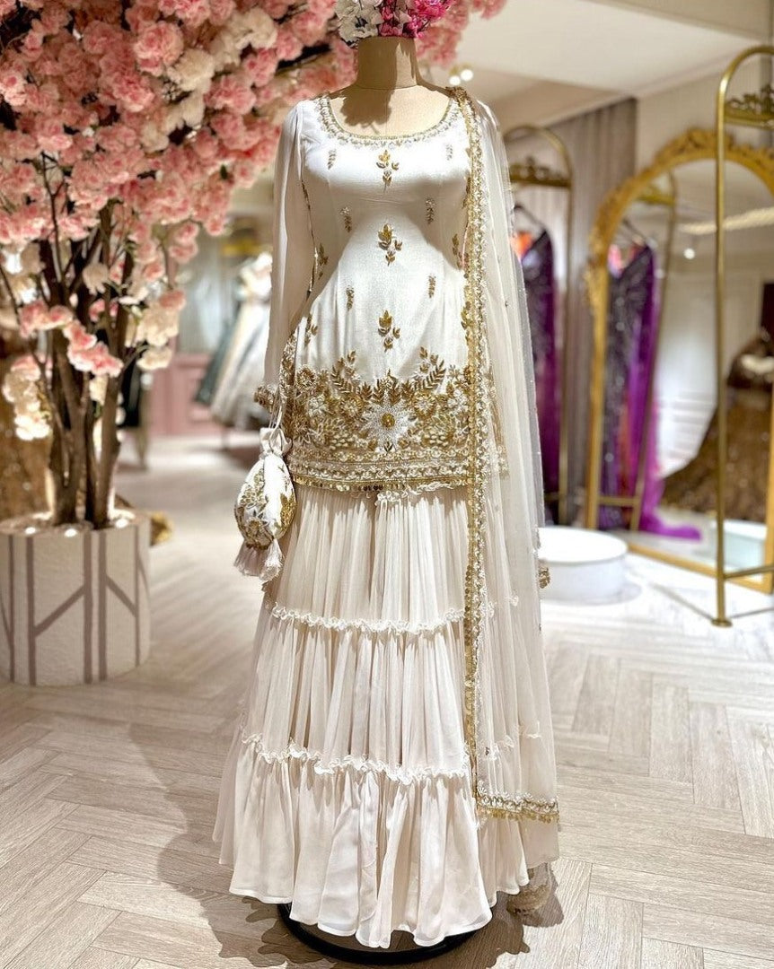 White georgette thread sequence work wedding sharara suit