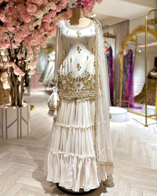 White georgette thread sequence work wedding sharara suit