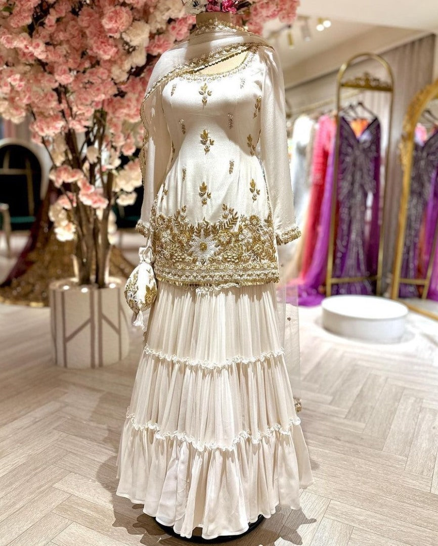 White georgette thread sequence work wedding sharara suit