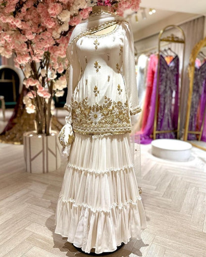 White georgette thread sequence work wedding sharara suit