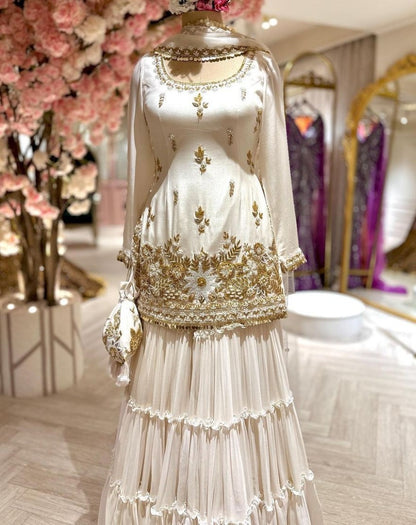 White georgette thread sequence work wedding sharara suit