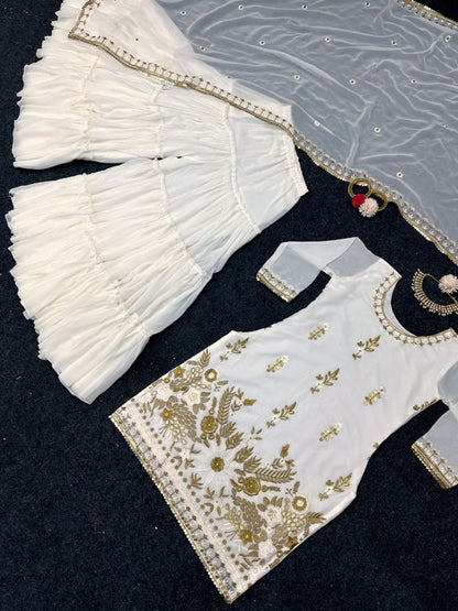 White georgette thread sequence work wedding sharara suit