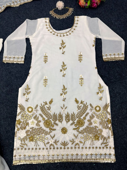 White georgette thread sequence work wedding sharara suit