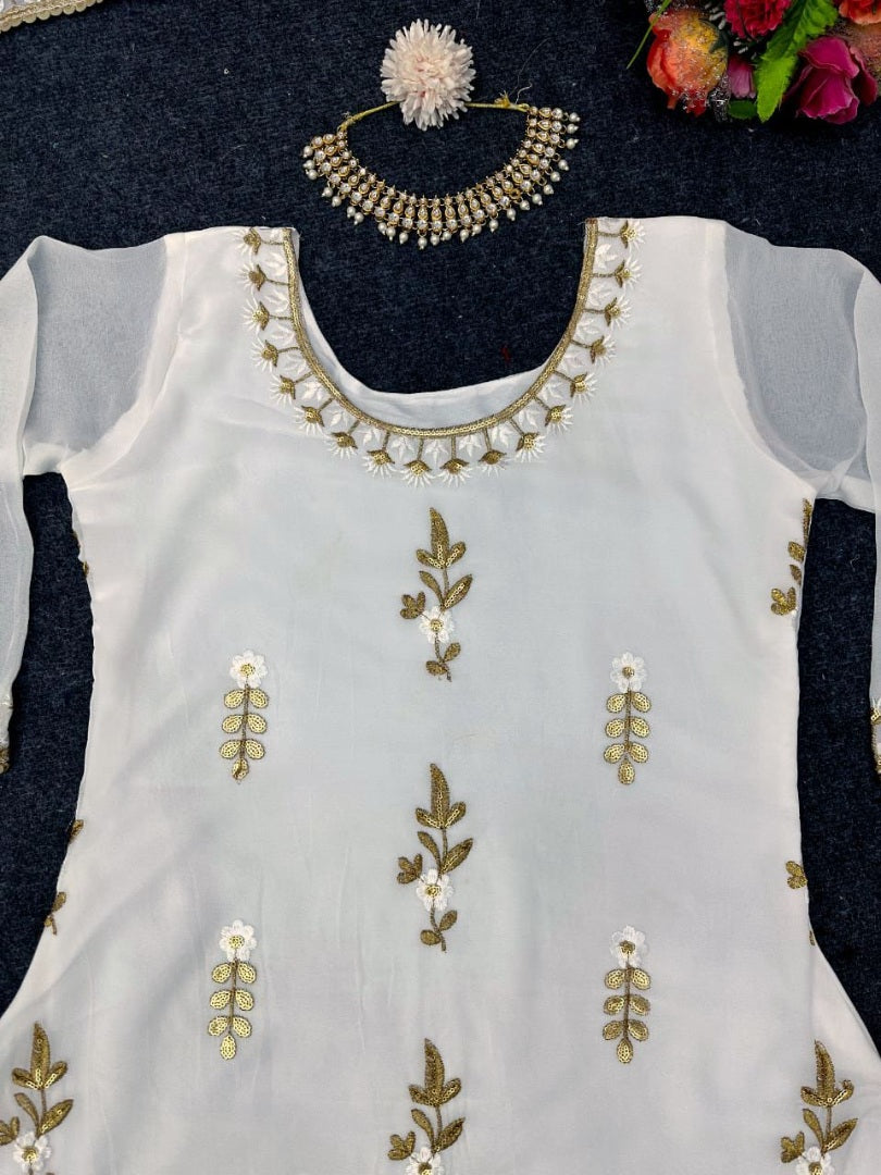 White georgette thread sequence work wedding sharara suit