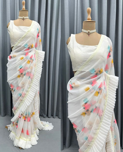 White georgette thread work fancy ruffle saree