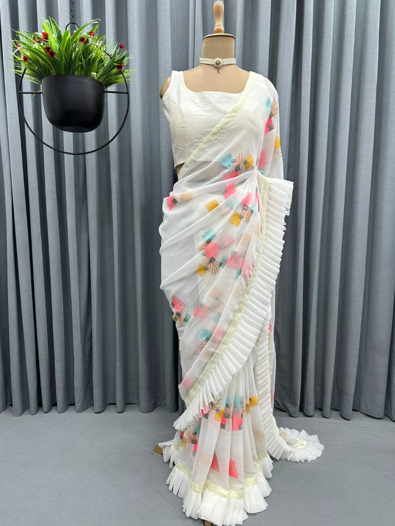 White georgette thread work fancy ruffle saree