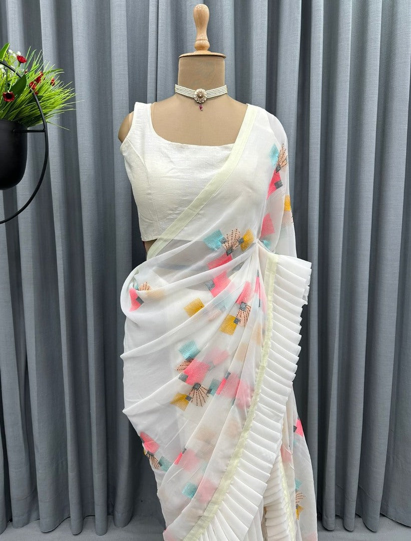 White georgette thread work fancy ruffle saree