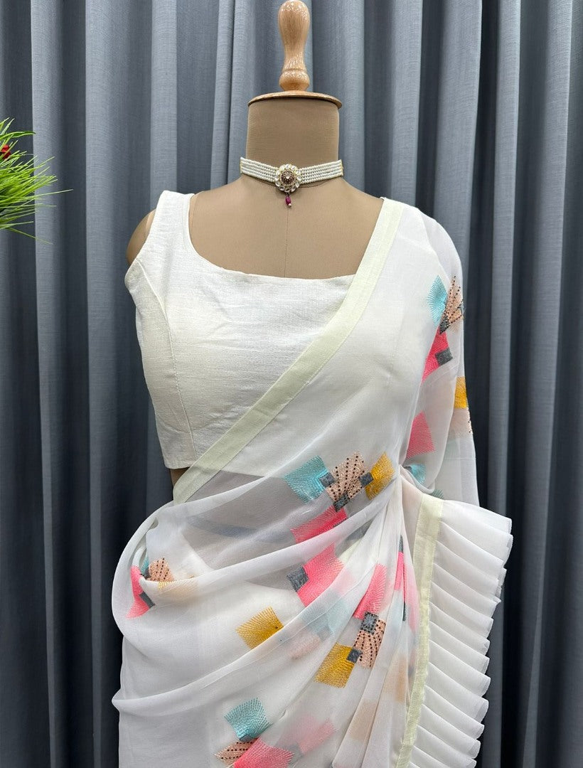 White georgette thread work fancy ruffle saree
