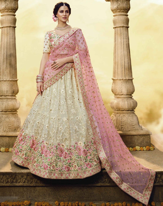 White georgette thread zari and sequence work bridal lehenga choli