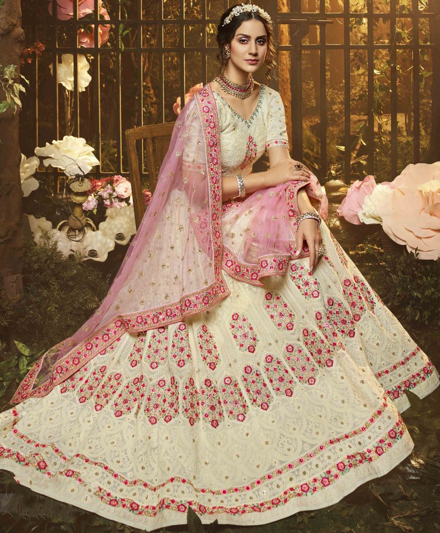 White georgette thread zari and sequence work bridal lehenga choli