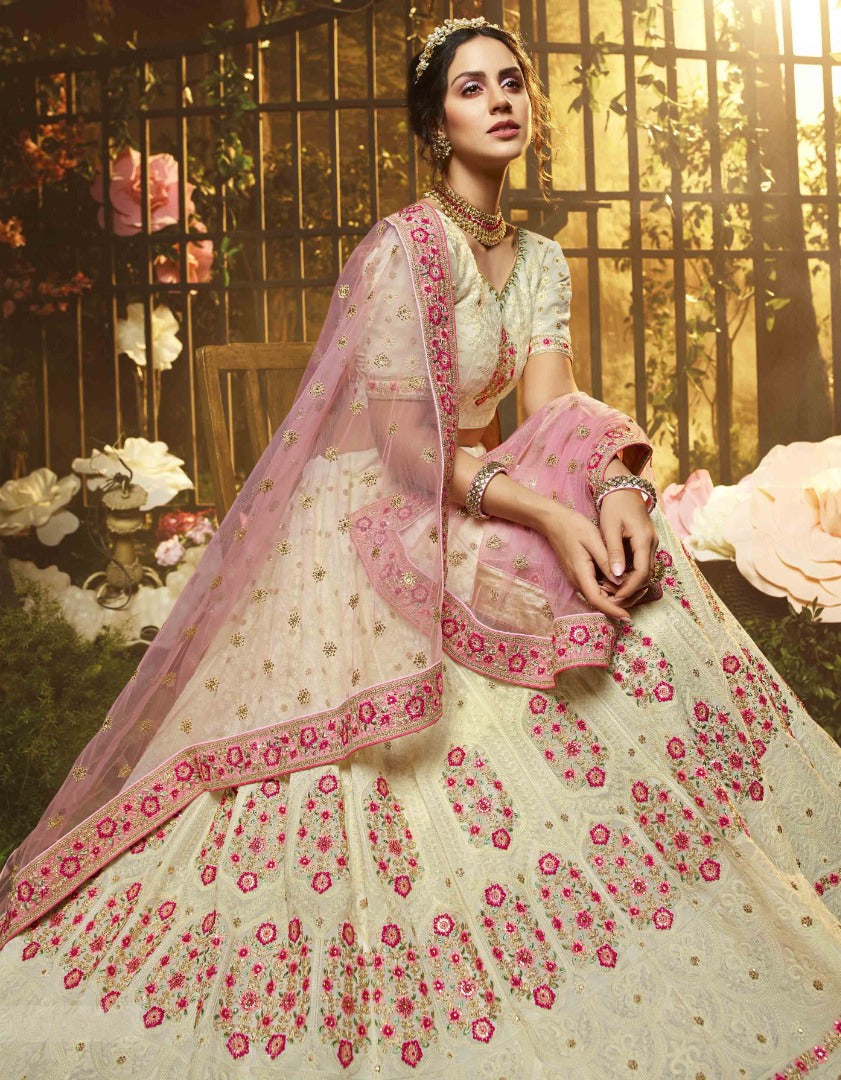 White georgette thread zari and sequence work bridal lehenga choli