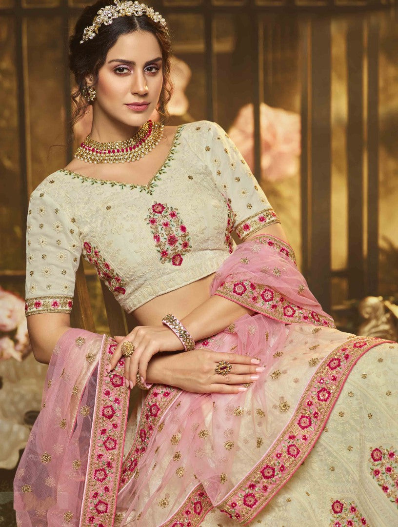 White georgette thread zari and sequence work bridal lehenga choli