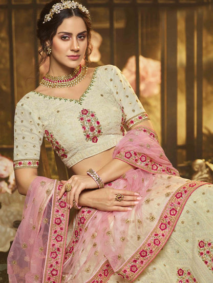White georgette thread zari and sequence work bridal lehenga choli