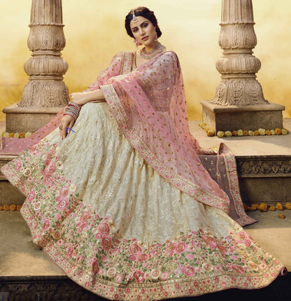 White georgette thread zari and sequence work bridal lehenga choli