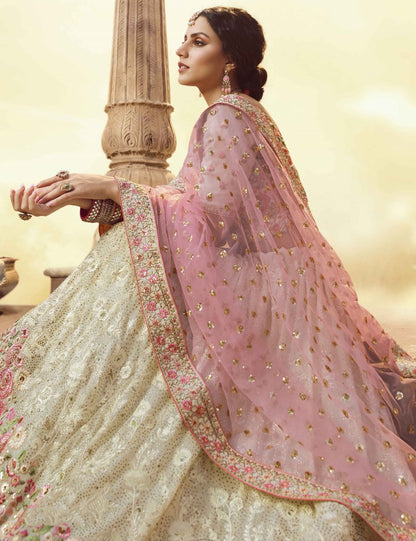 White georgette thread zari and sequence work bridal lehenga choli