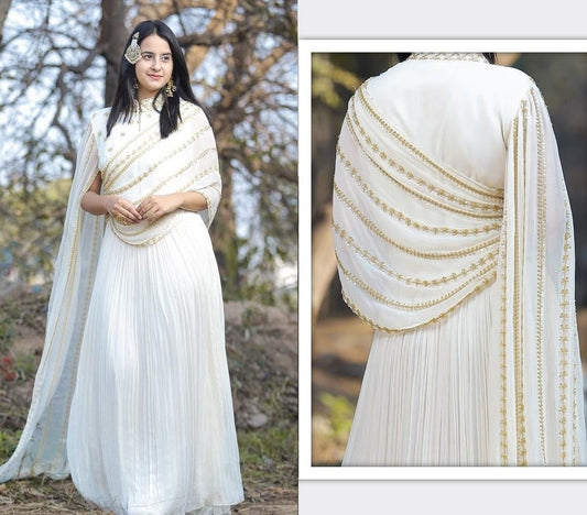 White georgette thread zari with sequence work party wear gown