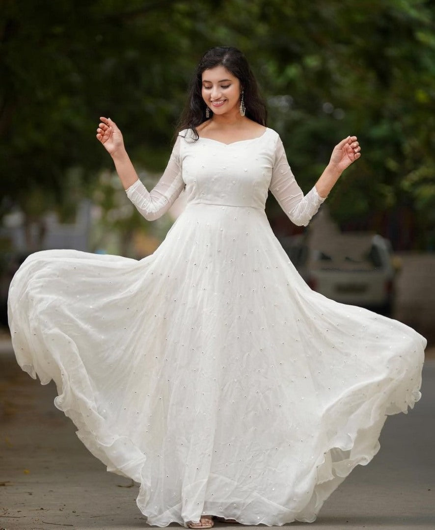White georgette umbrella flair anarkali suit gown