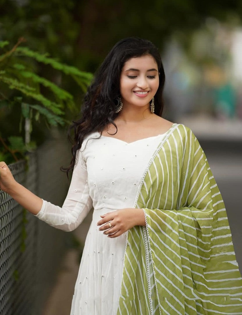 White georgette umbrella flair anarkali suit gown