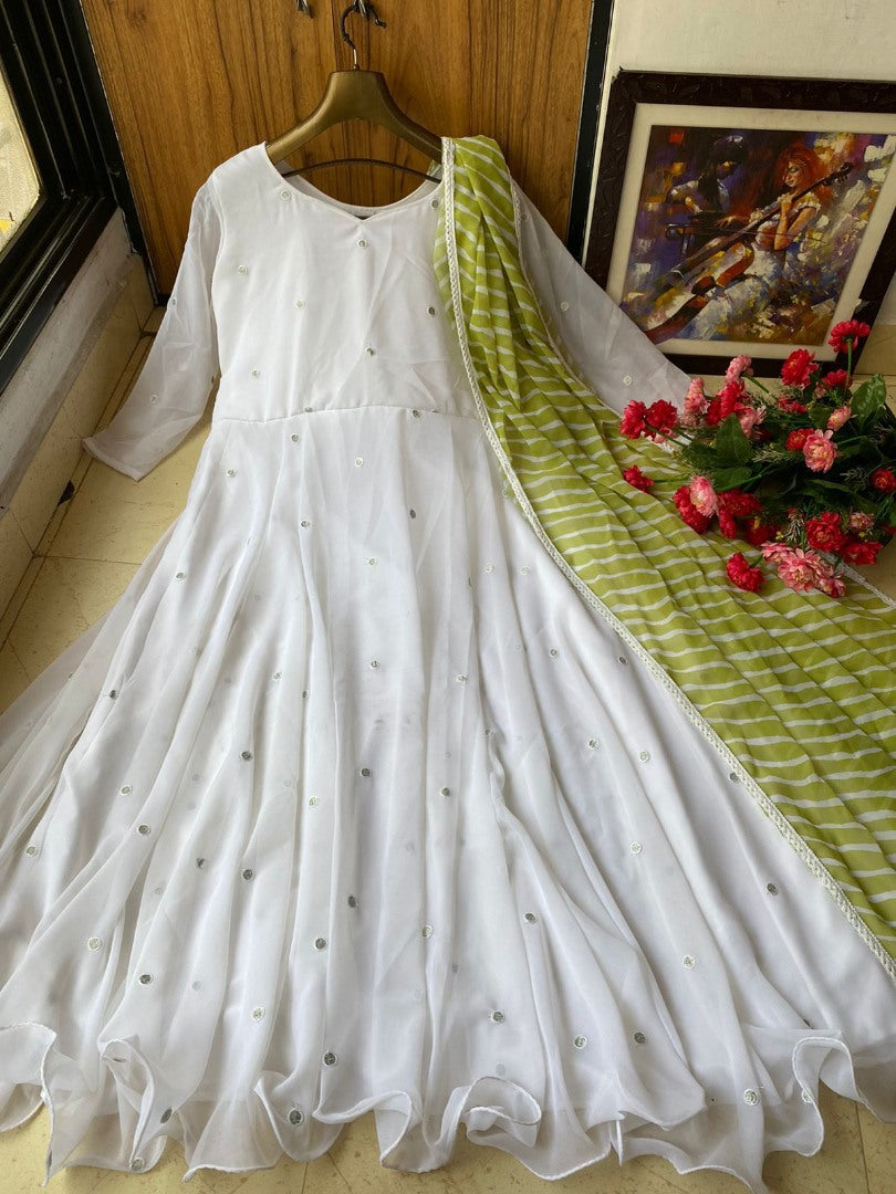 White georgette umbrella flair anarkali suit gown