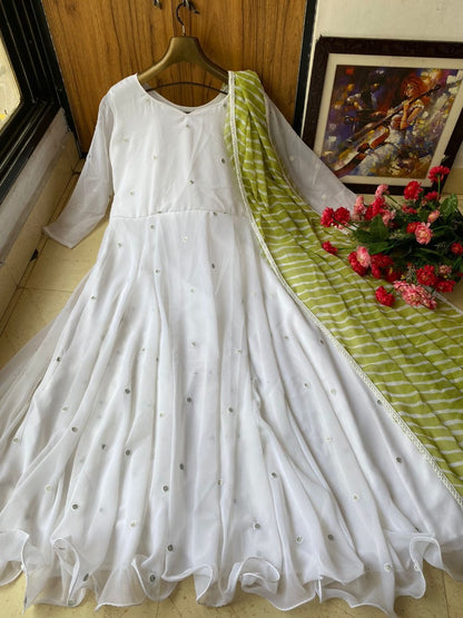 White georgette umbrella flair anarkali suit gown