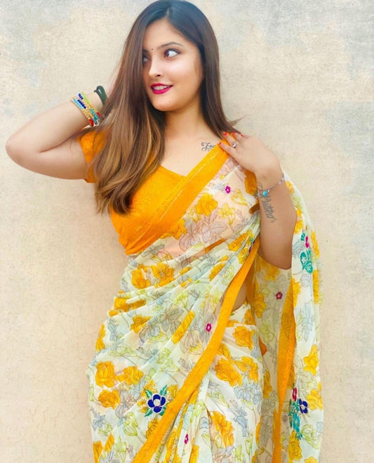 White georgette with digital printed work saree